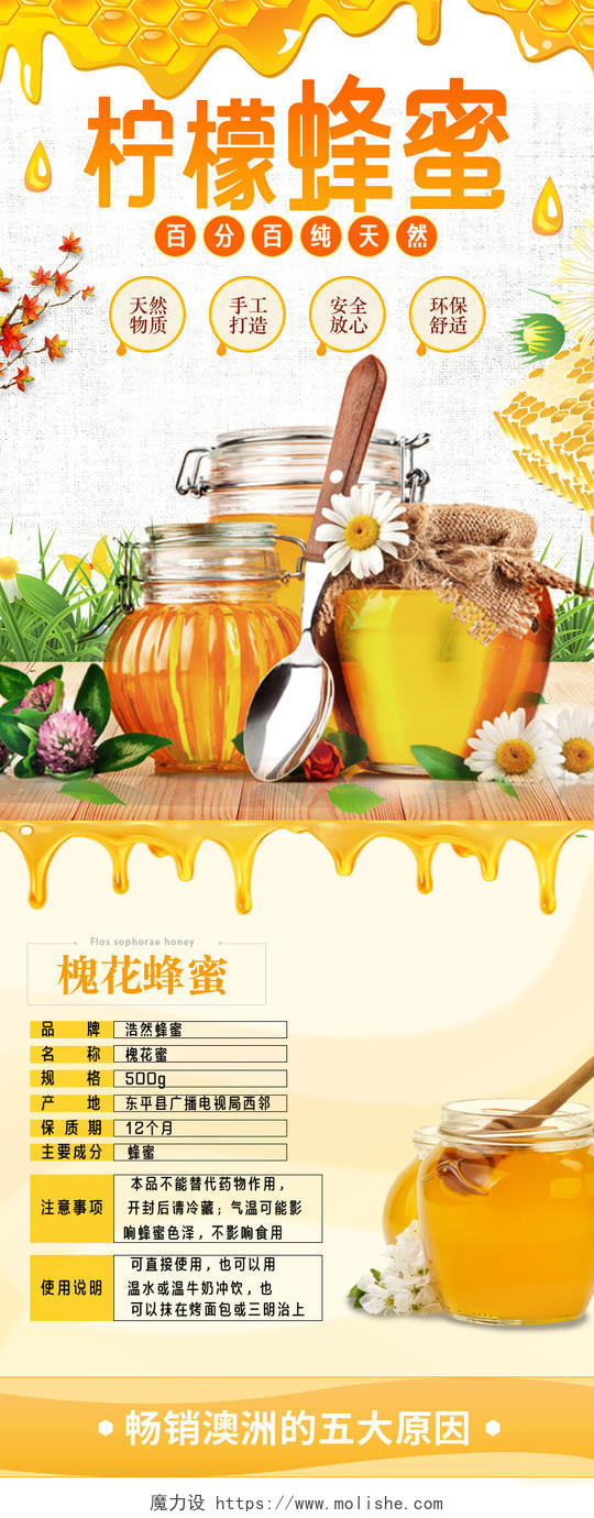 橙色小清新夏季美食节柠檬蜂蜜详情页模板新疆美食